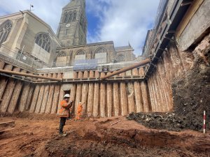 Image 1: The excavation at Leicester Cathedral, 
March 2023. Image: Isobel Moss / ULAS