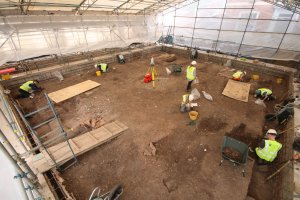 The archaeological excavation at Leicester 
Cathedral in June 2022. Image: ULAS