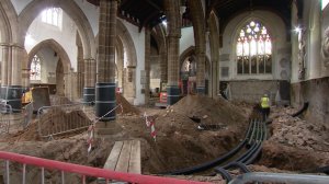 Work inside the Cathedral has included 
the removal of old floors and installation 
of new below-floor services. However, 
what has become clear is that the ground 
beneath the Cathedral has already been 
extensively reworked, most likely during 
the restoration of the building in the latter 
half of the 19th century.