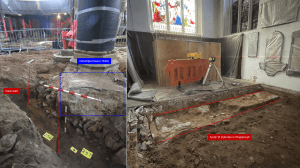 Early stone walls found beneath the 
Cathedral's floors. On the left, a stone 
wall running east/west adjacent to 
the rebuilt Victorian arcade between 
the nave and the north aisle may be 
an original wall of the medieval church. 
On the right, a north/south wall 
crossing St Dunstan's Chapel reveals 
that the chapel was originally much 
smaller than it is today. Images: ULAS
