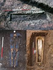 The archaeology of coffins. Top: An exceptionally well preserved Roman coffin from Great Holme Street (1976). The rectangular wooden box was constructed from planks held together with wooden pegs. Bottom left: The shape of a trapezoidal medieval wooden coffin at St Peter's Church (2005) is still clearly visible because of a layer of ash spread across the bottom of the coffin. The ash may have been a symbol of repentance and humility, or may have been to counter foul odours and soak up fluids. Bottom right: A medieval stone sarcophagus with an inner lead casket buried beneath the sanctuary of the church of the Grey Friars (2013). It contained the remains of a high status lady, probably a benefactor of the friary. Images: ULAS