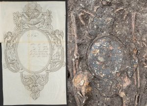 Left: A nameplate in a coffin furniture 
pattern book from 1823. Right: The 
same large nameplate (it was 60cm 
long) found covering a burial at 
Leicester Cathedral. The central oval 
was painted black with writing in red 
paint for 'MARY GREENWOOD, DIED 
4TH MARCH 1810, AGED 29'. Images: 
Yale Centre for British Art & ULAS