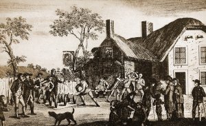Customers playing skittles outside 
a pub in the early 19th century.