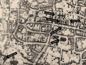 Extract from Burton's 1844 map of 
Leicester showing the main locations 
relating to the case. Image: ROLLR