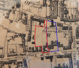 A detail from Burton's 1844 
Leicester town plan, showing 
17 Friar Lane (red) and The Grey 
Friars (blue), the two properties 
most associated with Anne 
Barratt. Image: ROLLR