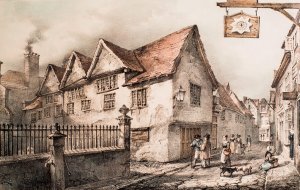 Townhall Lane (Guildhall Lane 
today) c.1830, looking west. 
Artwork: John Flower. Image: 
Leicester Museums and Art Galleries