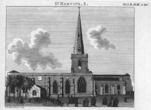 St Martin's church (Leicester Cathedral) 
viewed from the south as it looked in 
1792. The burial ground in front of the 
church is full of gravestones although 
the area we are excavating (right of the 
tower) is mostly bare. Image: John Nichols