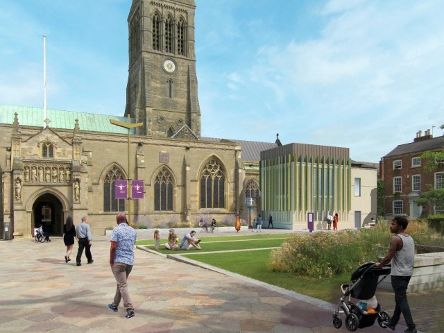 An artist's impression of how the visitor and learning centre will look outside Leicester Cathedral. Image: van Heyningen and Haward Architects