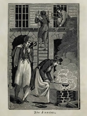 A 19th-century woodcut of plumbers at work from The Book of English Trades, and Library of the Useful Arts (1827); 